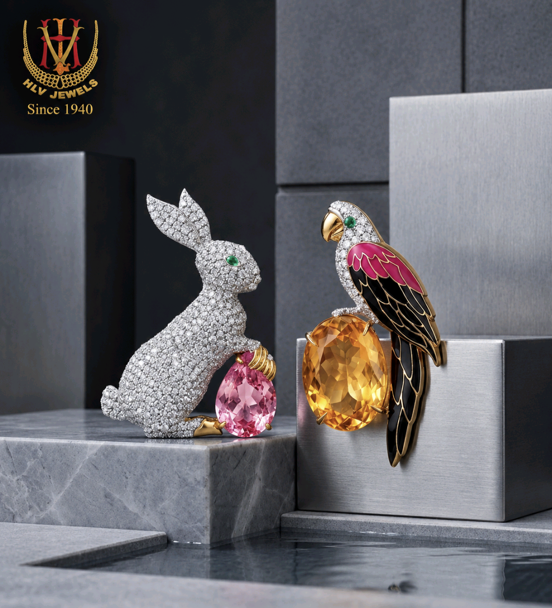 Rabbit & Parrot Brooch Pair