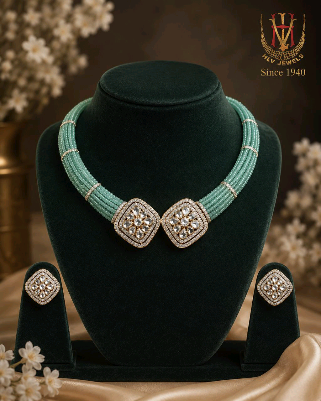 Open setting polki necklace with emerald beads