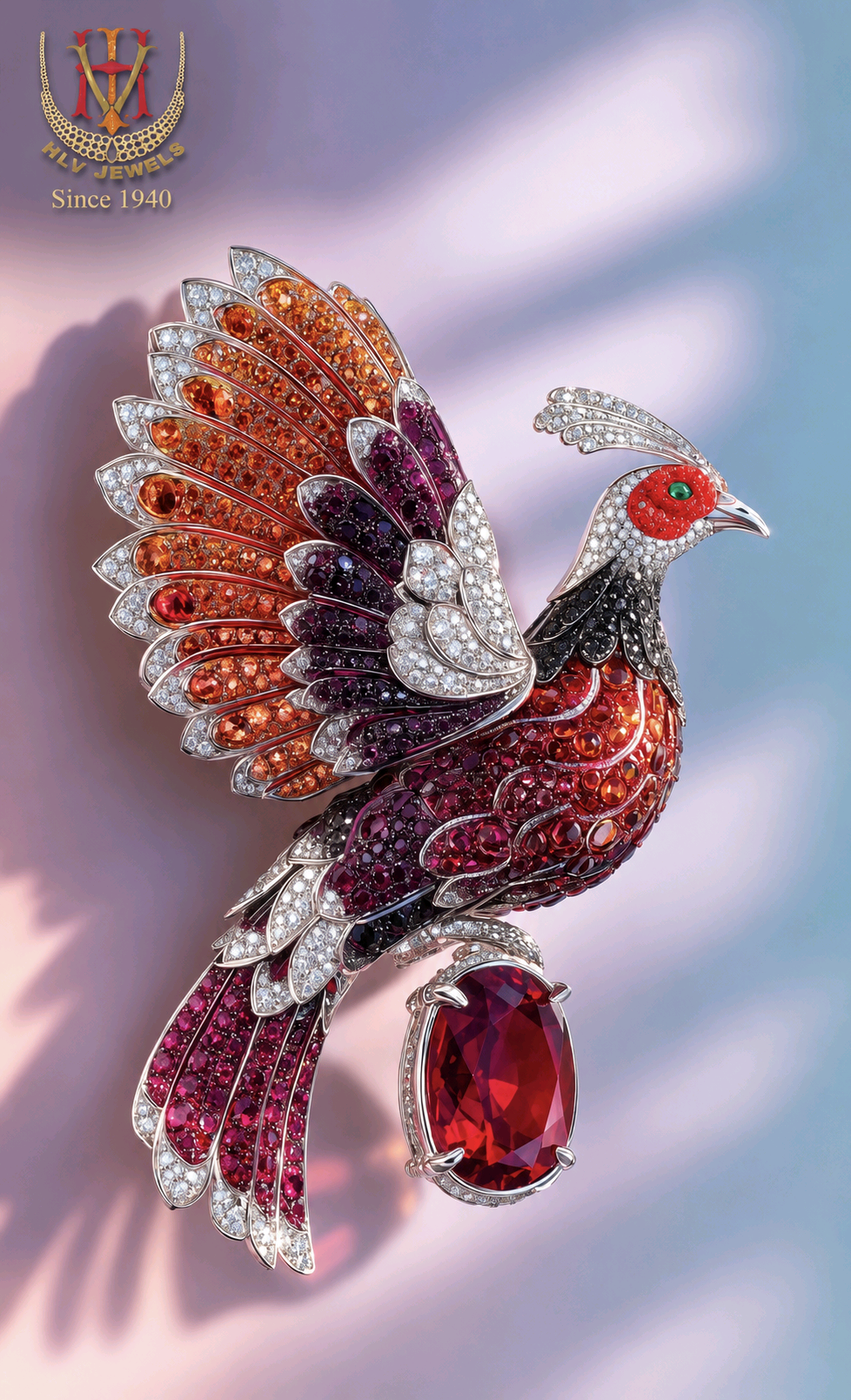 Ruby Plume Bird Brooch